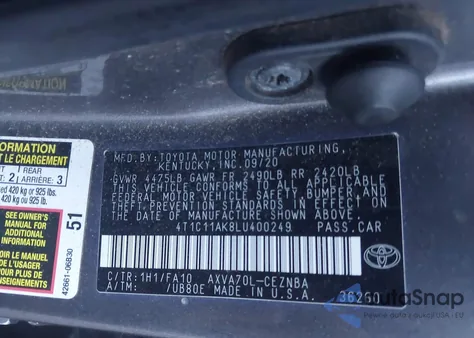 2020 Toyota Camry Le из США, поврежденный, VIN 4T1C11AK8LU400249